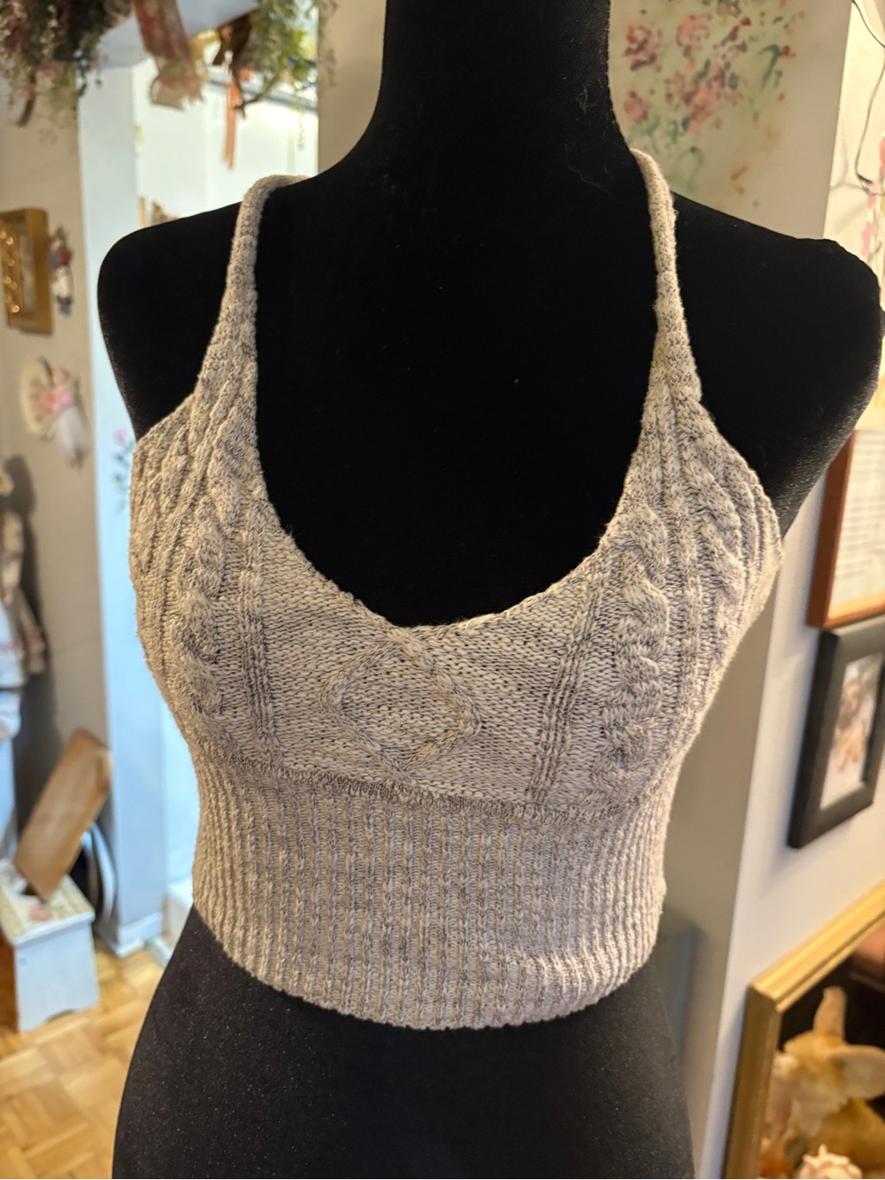 Cable Knit Crop Tank Top - Beige
